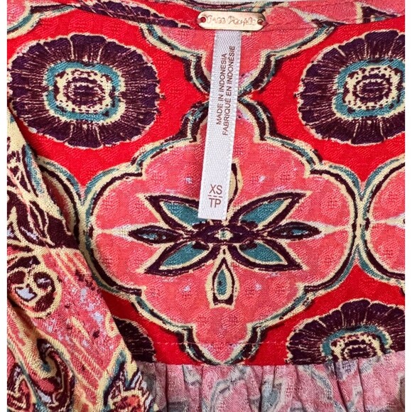 FREE PEOPLE Pink Red Hibiscus Combo Floral Paisley Peplum Top/Blouse Boho XS - Picture 6 of 12